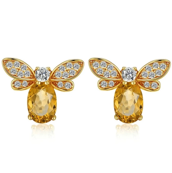 Artisan Jewelry - Queen Bee 18K Gold Plated Silver Genuine Citrine Peridot Cubic Zirconia Earrings